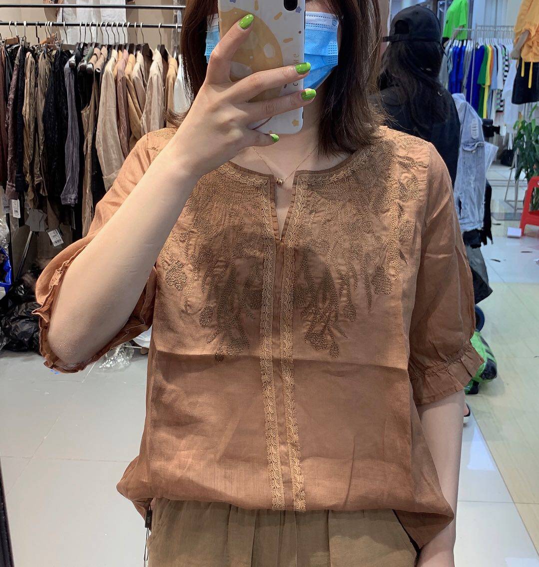 苎麻刺绣衬衫女荷叶边袖夏季宽松复古文艺泽然v领设计感小众上衣