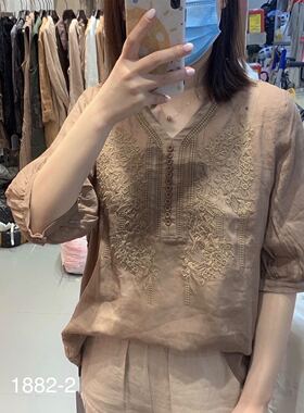 设计感小众刺绣苎麻衬衫女半袖ins夏宽松复古文艺气质泽然V领上衣
