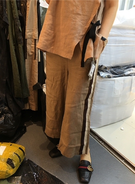 ZE棉麻阔腿裤2022夏百搭宽松泽然松紧腰侧边条纹亚麻直筒九分裤女