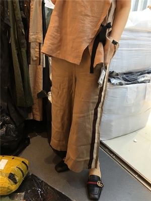 泽然宽松松紧腰夏亚麻直筒阔腿裤