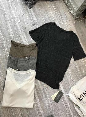 茗苒休闲t恤女短袖2022夏简约透气百搭气质亚麻V领直筒打底衫上衣