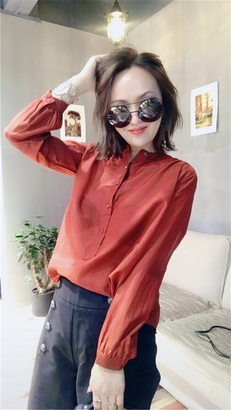 茗苒桑蚕丝薄款衬衫2023春夏宽松显瘦文艺OL立领长袖上衣打底衫女
