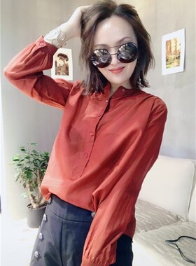 茗苒桑蚕丝薄款衬衫2023春夏宽松显瘦文艺OL立领长袖上衣打底衫女