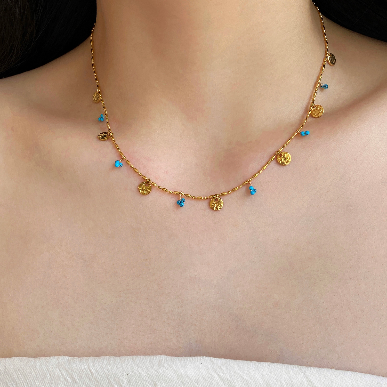 大米饰品】南法小众蓝松石果子串珠金流苏圆片复古项链夏季锁骨链