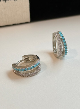 新品85折】轻奢绿松镶锆石耳环女气质高级感精致双层耳圈百搭耳扣