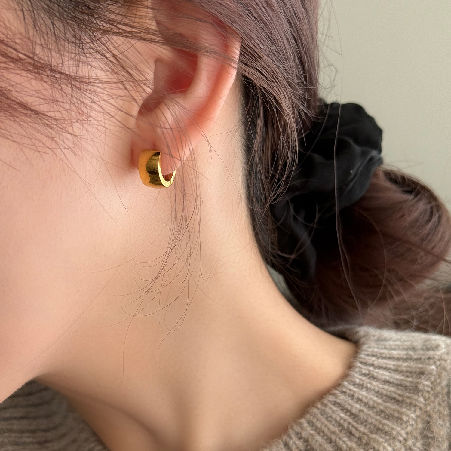 大米饰品】欧美风简约金色宽面素圈耳环金属耳圈小众2025新款爆款