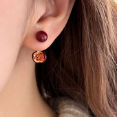 大米饰品 925银针复古新年酒红色石榴耳环耳钉高级小众百搭耳饰