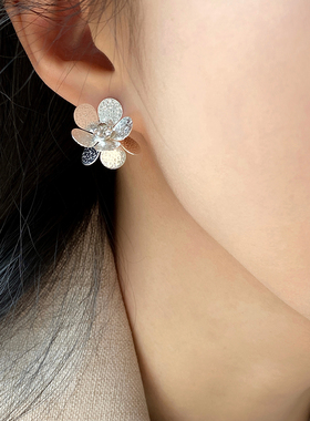 大米饰品】双层锆石花朵耳环小众设计高级轻奢气质耳钉2025新款女