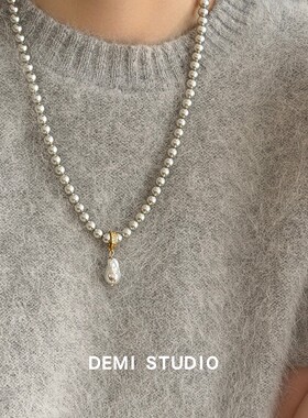 大米饰品】轻奢灰绿色珍珠项链女小众水滴吊坠秋冬毛衣链百搭气质