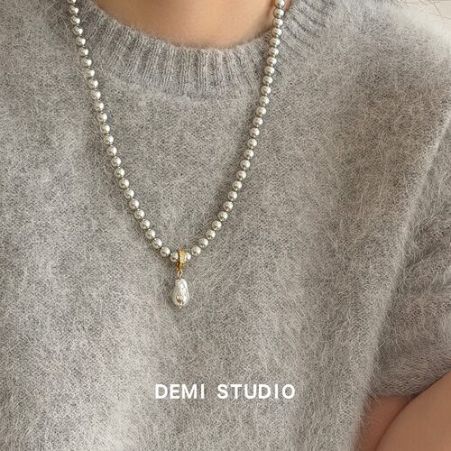 大米饰品】轻奢灰绿色珍珠项链女小众水滴吊坠秋冬毛衣链百搭气质