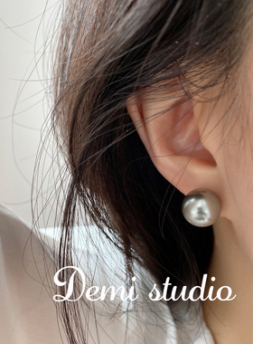 大米饰品】S925银针银灰绿色珍珠强光精致耳钉耳环气质名媛耳饰女