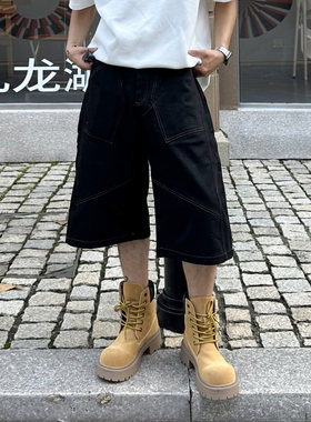 解构黑色七分裤阔腿明线牛仔裤