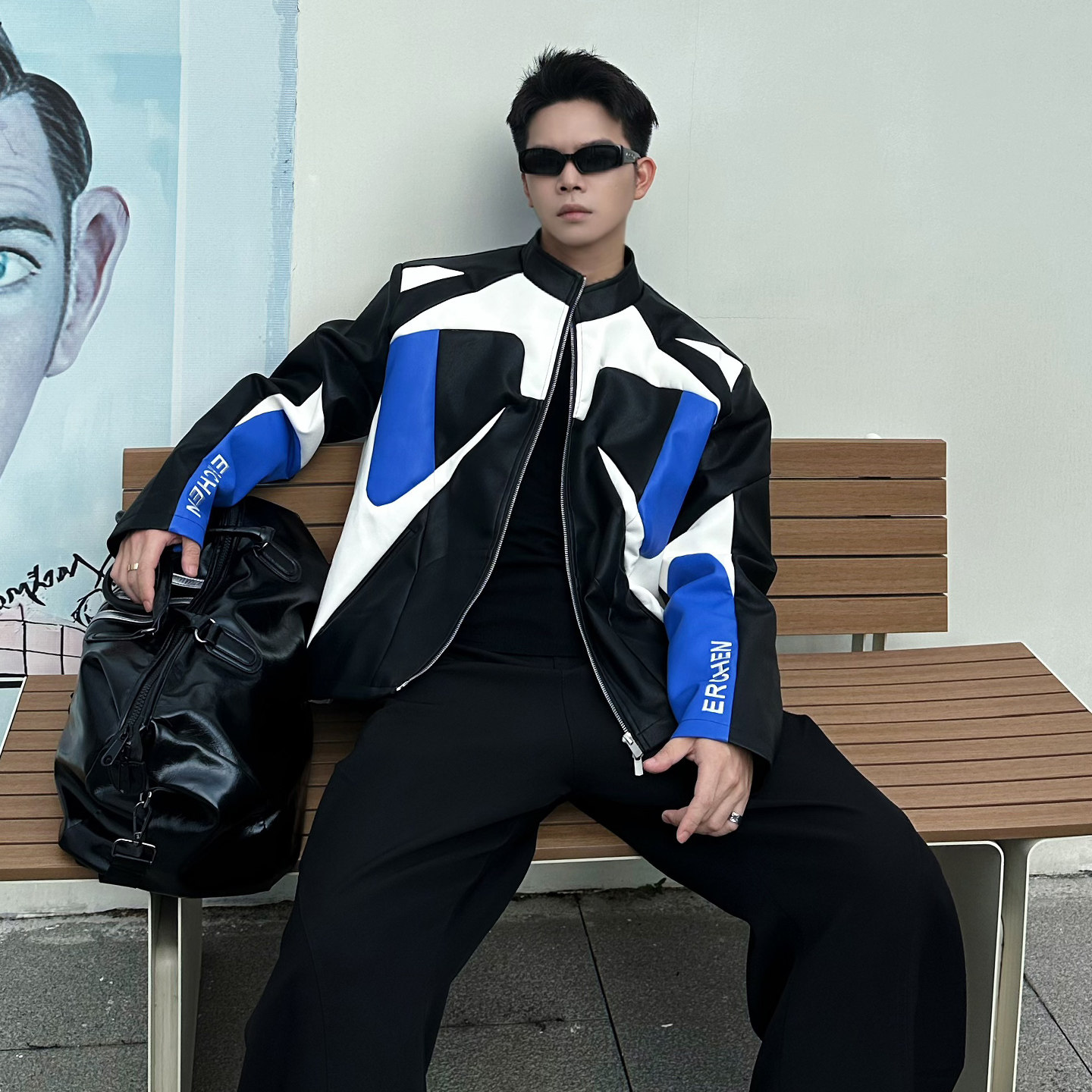 BONDYGALEN小众设计城市机车撞色拼接皮衣夹克宽松PU赛车服外套