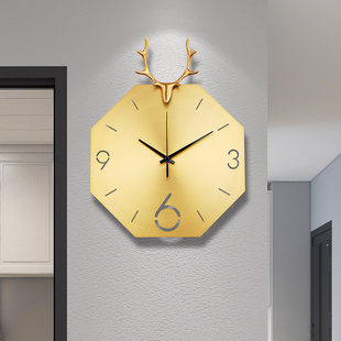 北欧钟表客厅现代简约家用创意挂表装 饰黄铜大气网红轻奢鹿头挂钟