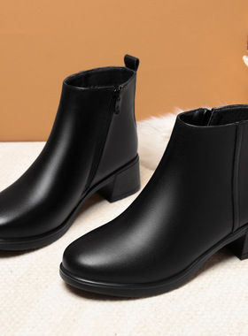 中年妈妈鞋中老年棉鞋加绒短靴女靴子皮鞋黑色经典工作鞋女鞋靴子