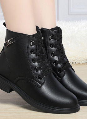 平底马丁靴女新款秋冬季棉鞋黑色短靴中老年妈妈靴子加绒皮鞋k