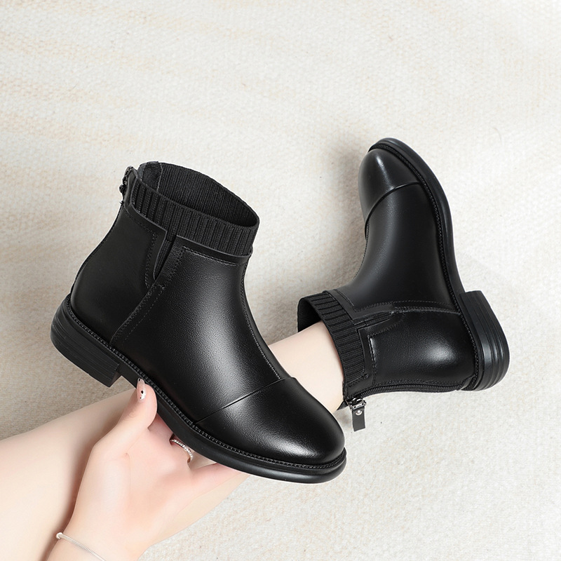 矮跟短靴女加绒2025秋冬皮鞋新款