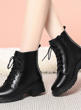 时尚百搭女士的安歇复古马丁靴系带款便捷侧拉链中年时尚软面女靴