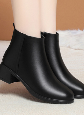 中年妈妈鞋中老年棉鞋加绒短靴女靴子皮鞋黑色经典工作鞋女鞋靴子