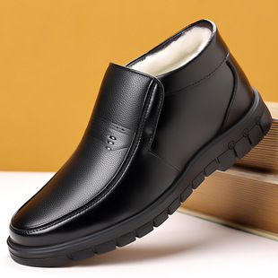 黑色冬季平跟真皮圆头休闲加厚男鞋冬天头层牛皮羊毛保暖男士棉鞋