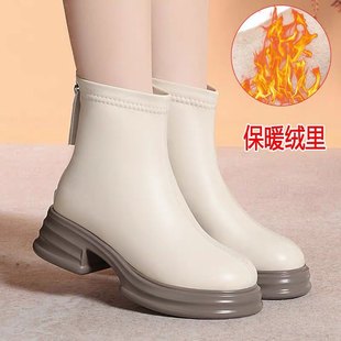 软皮粗跟厚度工作鞋短靴女黑色女鞋加绒女靴子切尔马丁靴皮鞋秋冬