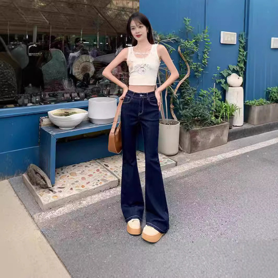 深蓝色微喇牛仔裤女2025年春秋季不掉色款高腰修身显瘦梨形