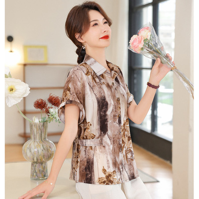 夏季新款中老年妈妈衬衫两件套短袖T恤女士上衣居家休闲服饰套装