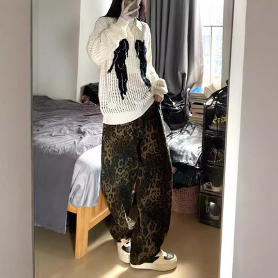 美式高街豹纹工装裤女宽松阔腿牛仔裤女2025春秋季新款爆款裤子