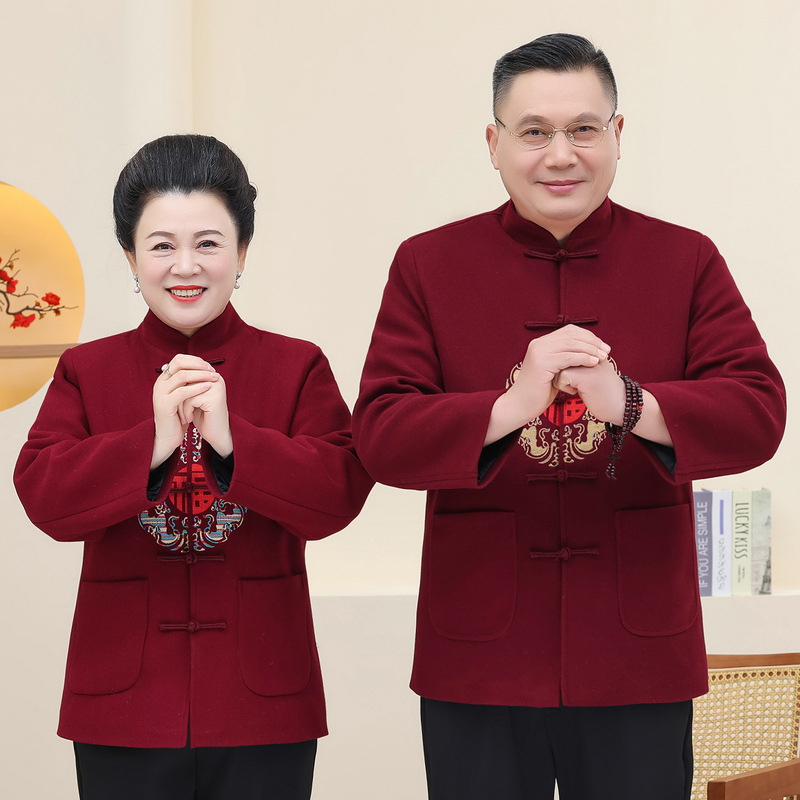 新款毛呢唐装棉衣男女款爷爷奶奶秋季情侣装加绒加厚过寿生日