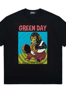 GreenDay绿日朋克PUNK乐队卡通黑猩猩重磅纯棉半袖男女短袖T恤ins