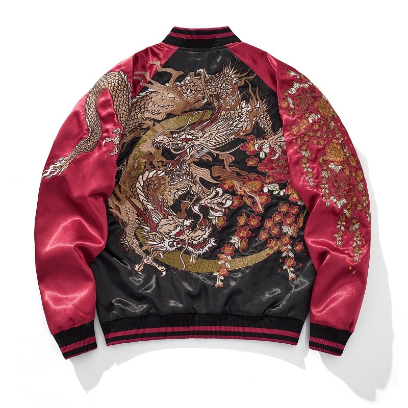 千往春秋横须贺重工龙刺绣棒球服夹克中国风男士外套国潮三龙上衣