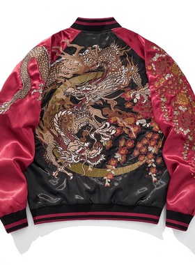千往春秋横须贺重工龙刺绣棒球服夹克中国风男士外套国潮三龙上衣