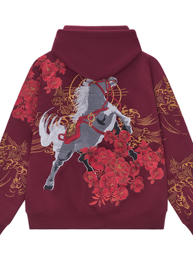 2026中国风潮牌重工刺绣马年红色连帽套头加绒卫衣男女情侣生肖马