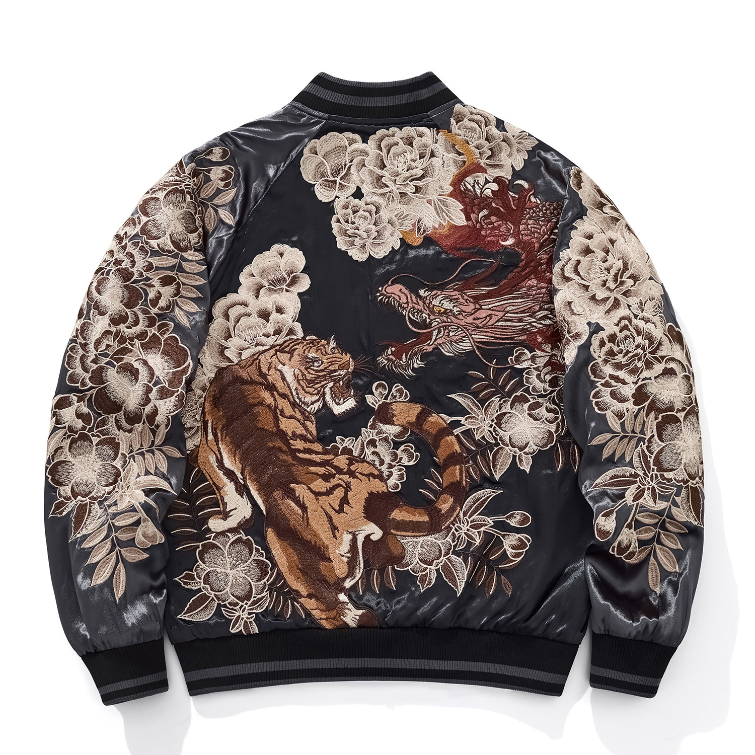 春秋季新款龙虎刺绣夹克外套横须贺棒球服中国风神兽男女缎面上衣