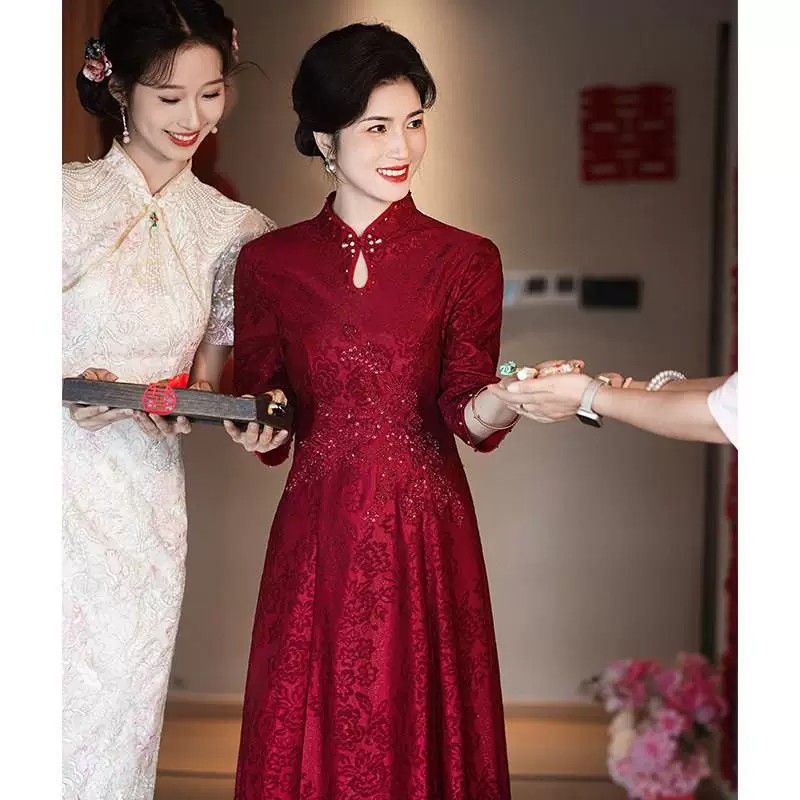 轻奢高端喜婆婆婚宴装旗袍小个子年轻结婚妈妈婚礼礼服A字连衣裙