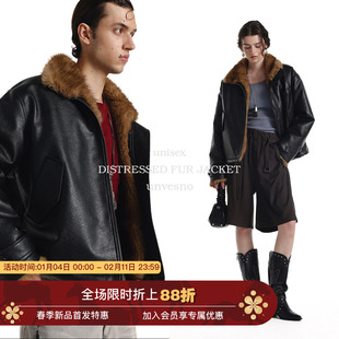 【皮毛一体】Unvesno(UN)斯拉夫皮草领座山雕重磅贵气短保暖夹克