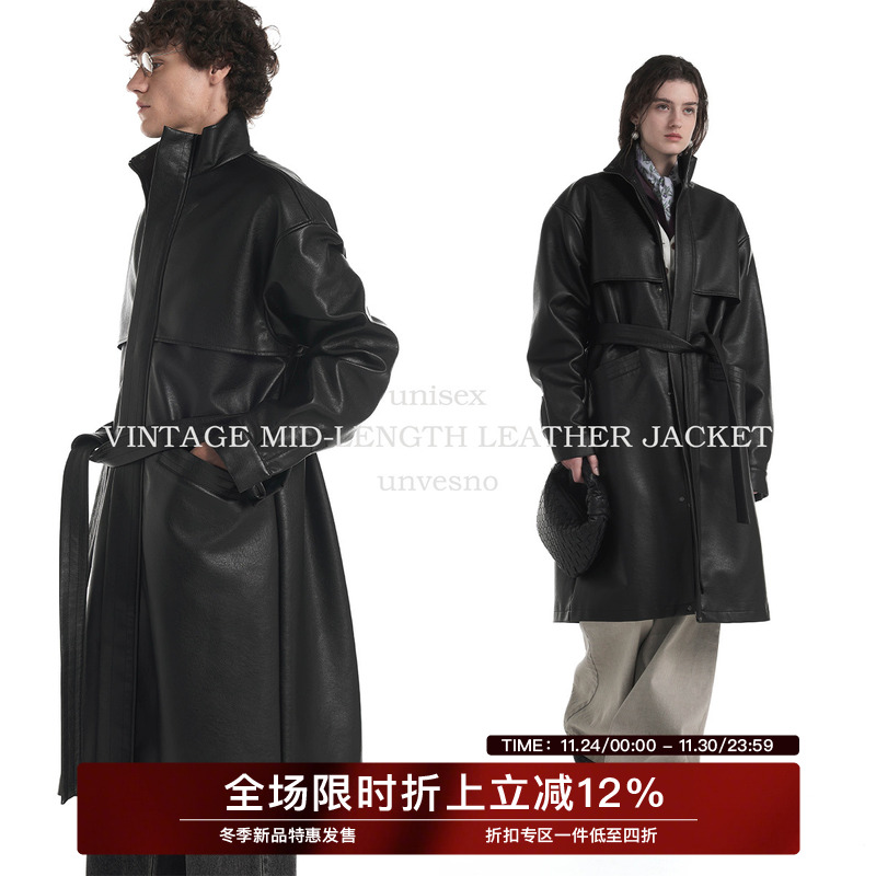 【配腰带】Unvesno(UN)查理战壕仿真皮古着翻领中长款皮革风衣秋