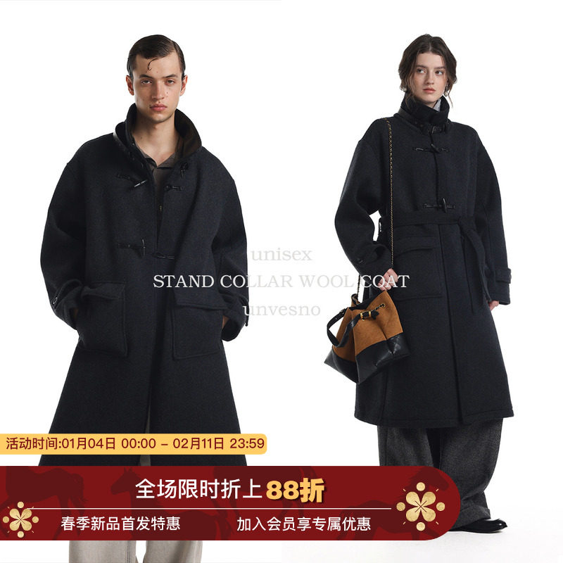 【配腰带】Unvesno(UN)LR风立领羊毛皮革领牛角扣保暖双面呢大衣,男装,夹克,淘宝优惠券,粉丝福利购,淘宝优惠卷