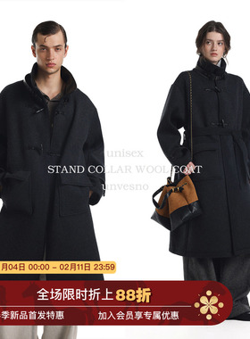 【配腰带】Unvesno(UN)LR风立领羊毛皮革领牛角扣保暖双面呢大衣