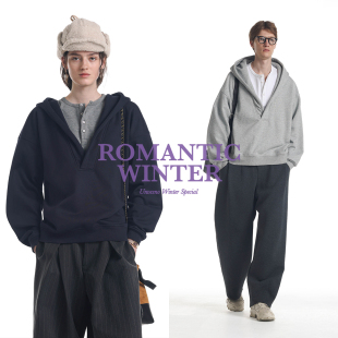 【加绒假两件】Unvesno(UN)静奢高智撞色亨利宽松休闲v领连帽卫衣