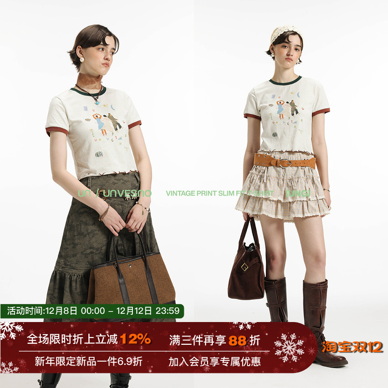 【手绘印花】Unvesno(UN)复古三人游彩纱肌理修身正肩撞色短袖T恤