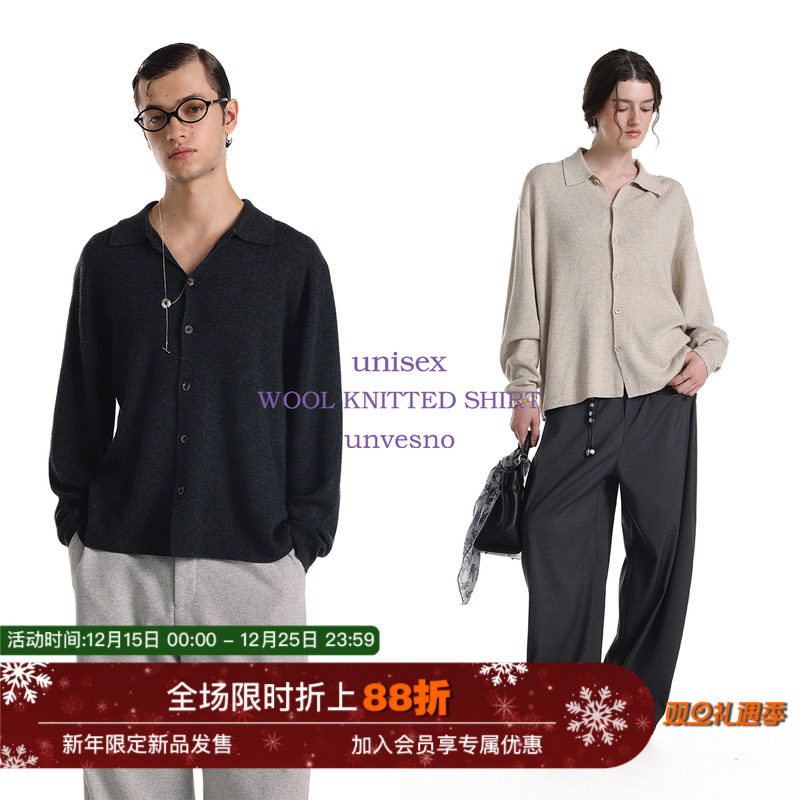 【羊绒混纺】Unvesno(UN)Row风老钱皮特羊绒基础翻领针织毛衣衬衫