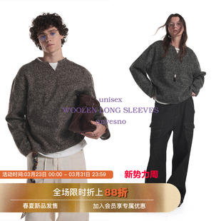 【假两件】Unvesno(UN)双色彩纱麻花羊毛混纺针织小V领长袖卫衣秋