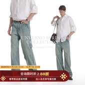 四季 百搭 Unvesno 16盎司复古竹节纹猫须洗水牛仔休闲裤