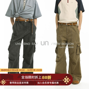 Unvesno(UN)废土风洗褪磨边多口袋阔腿裤收褶微喇工装裤 明星同款
