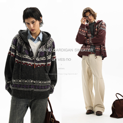 【20%羊毛】Unvesno(UN)费尔岛复古提花连帽针织开衫加厚保暖毛衣