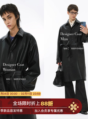 Unvesno(UN) 保暖冬季Vintage诺丁山皮衣翻领中长款复古风衣外套