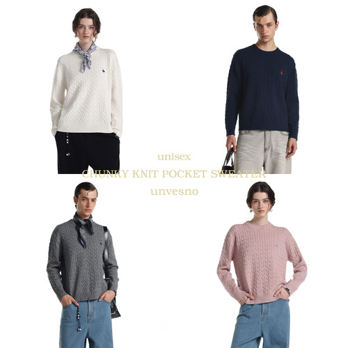【羊毛混纺】Unvesno(UN)拉夫学院马标学院风绞花针织圆领毛衣秋