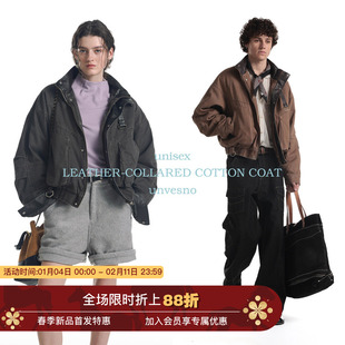 【多结构分割】Unvesno(UN)巴恩风复古洗褪皮领拼接短廓棉服保暖