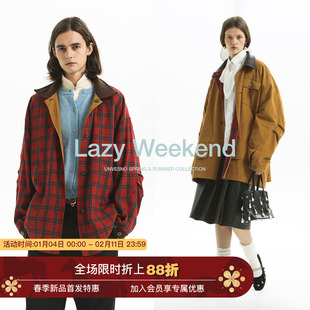 Unvesno(UN)双面穿猎装雪花磨毛正反两穿皮领斜纹+格子灯芯绒夹克